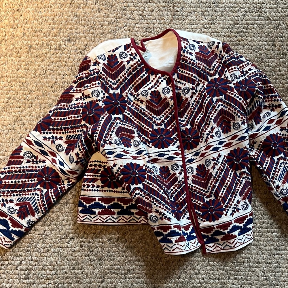 Blue And Red Geometric Patterns On 100% Cotton Ja… - image 1